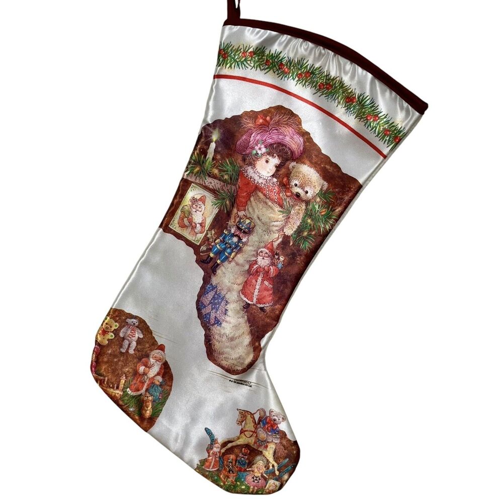 Vintage Satin Christmas Stocking Victorian Style Teddy Santa Horse Giordano 18”